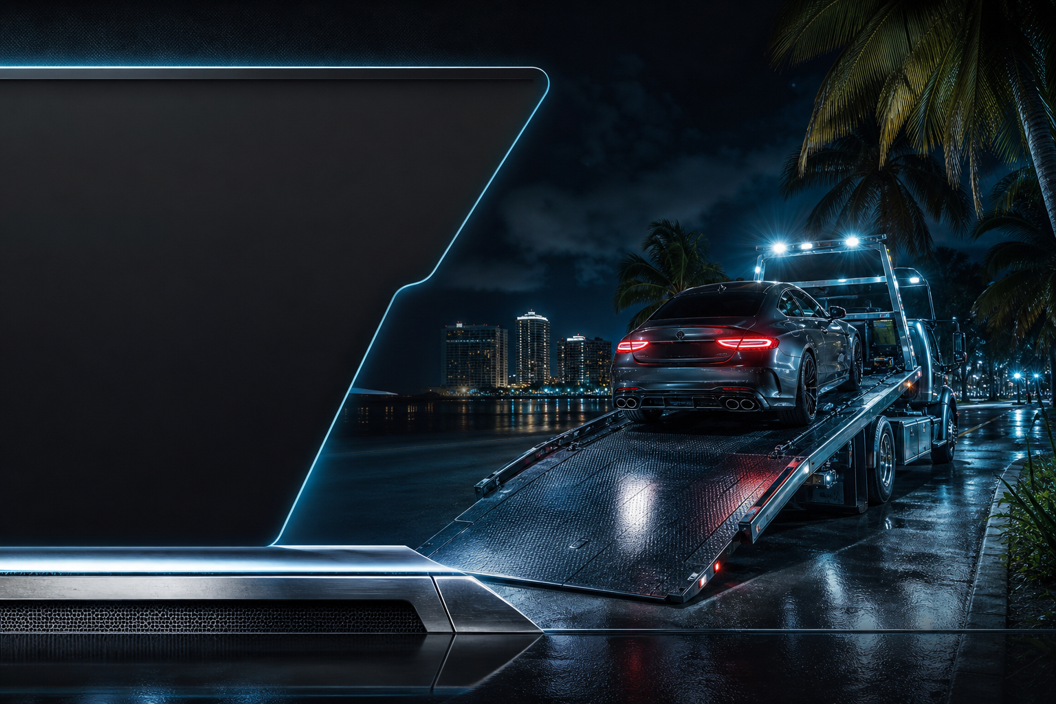 Tow truck equipment on a reflective Florida roadway at night with chrome and cyan lighting