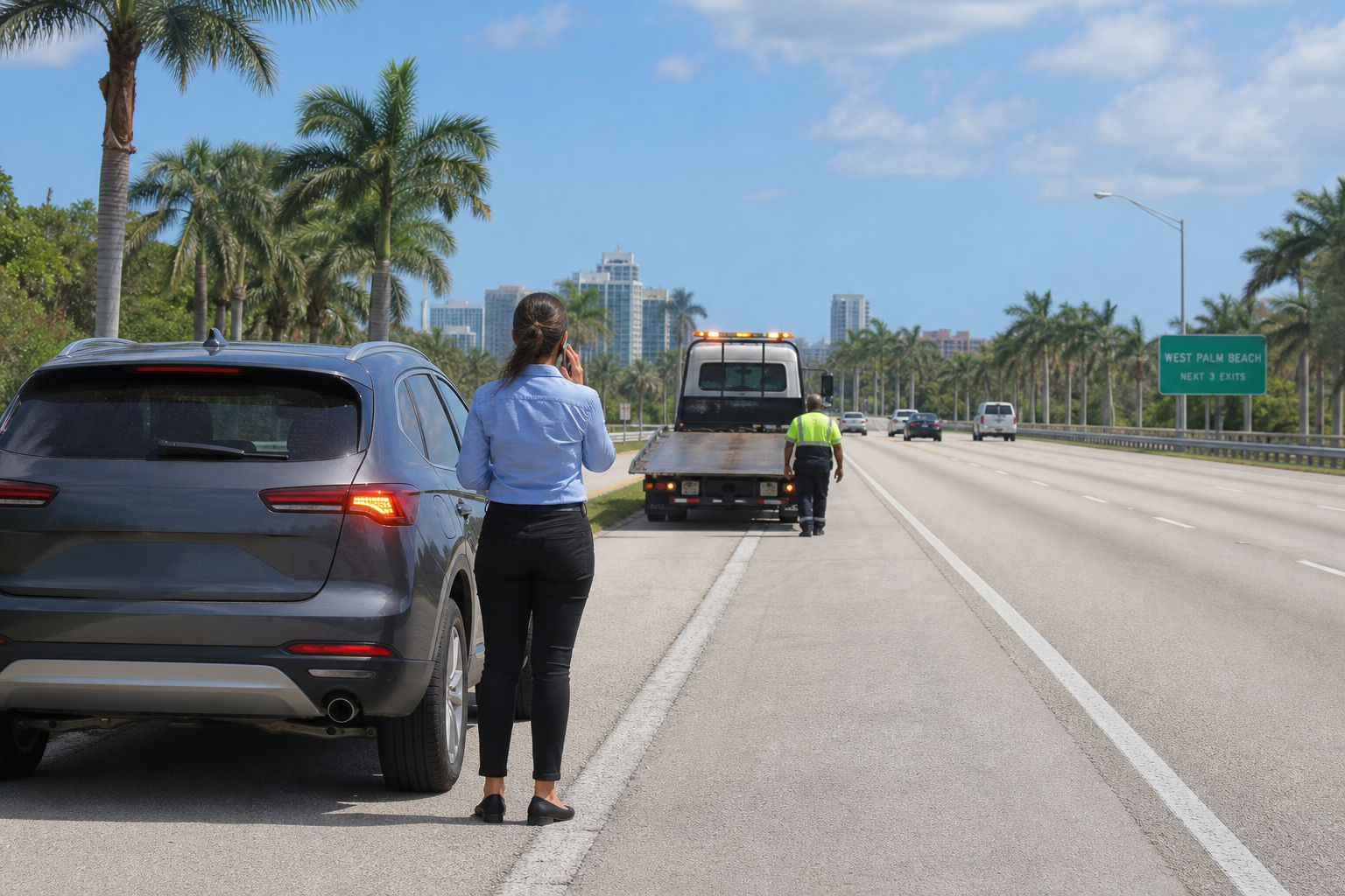 Disabled vehicle safely positioned on the shoulder of a busy West Palm Beach roadway with hazard lights on