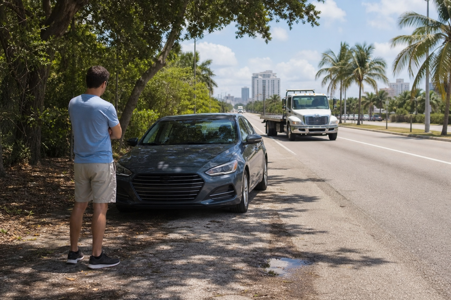 Driver safely standing away from an overheated vehicle in a shaded West Palm Beach roadside pull-off while a flatbed tow truck approaches