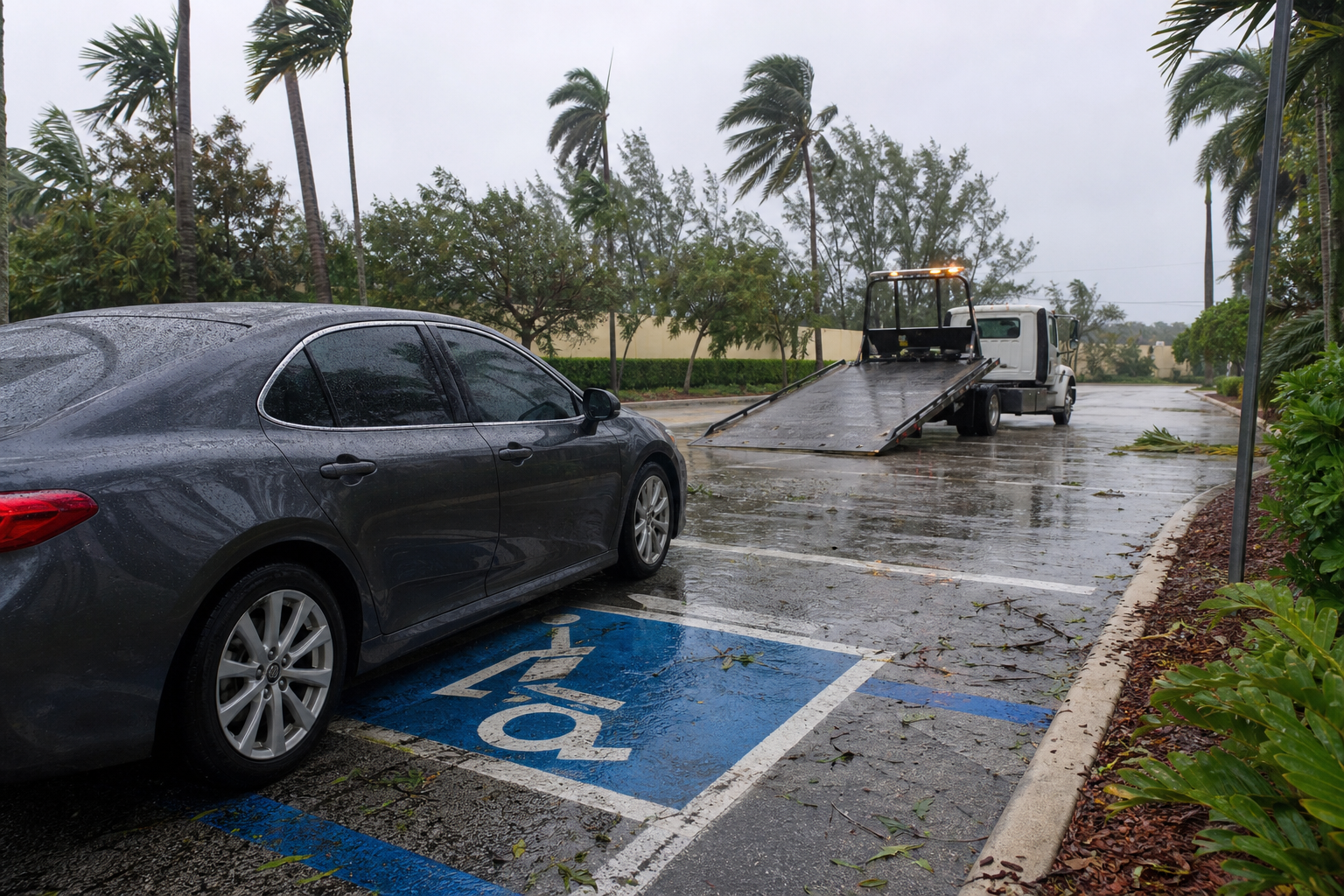 Disabled car in a rain-soaked West Palm Beach parking area as a flatbed tow truck approaches safely after a storm