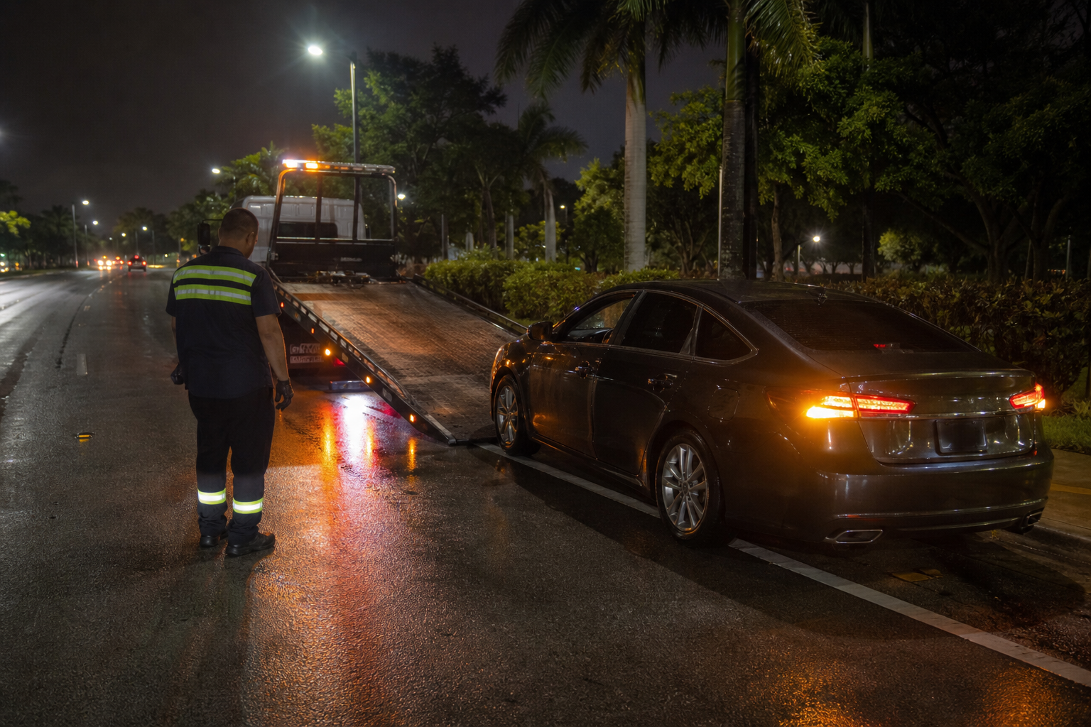 Tow truck preparing to load a disabled car beside a wet roadway at night in West Palm Beach