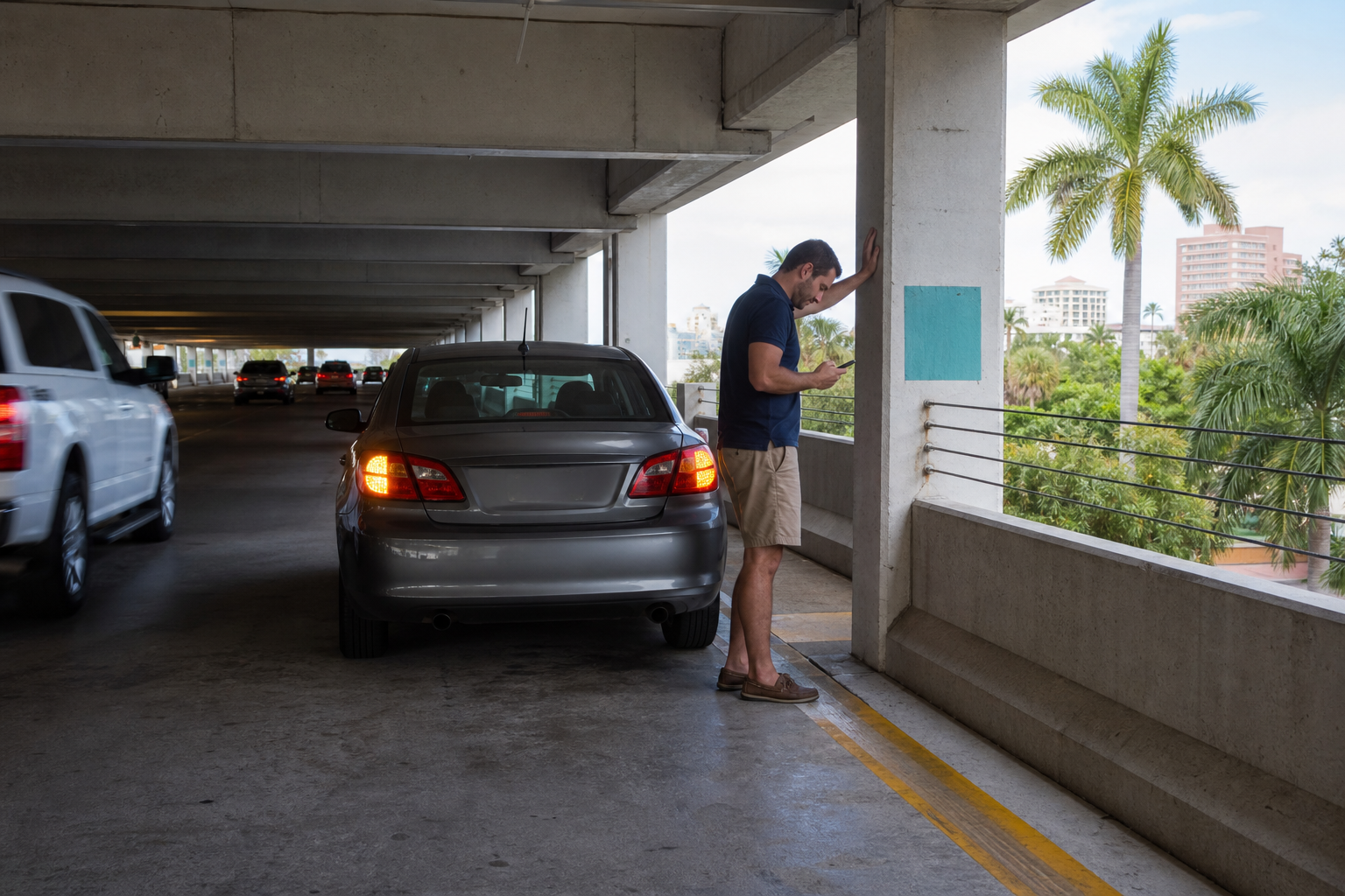 Driver safely reporting a disabled car's location inside a West Palm Beach parking garage