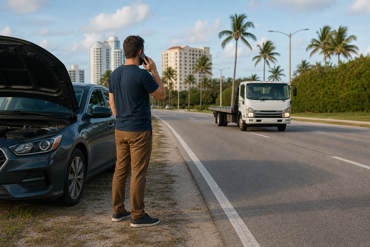 Driver standing safely beside a disabled car while a flatbed tow truck approaches on a West Palm Beach roadside