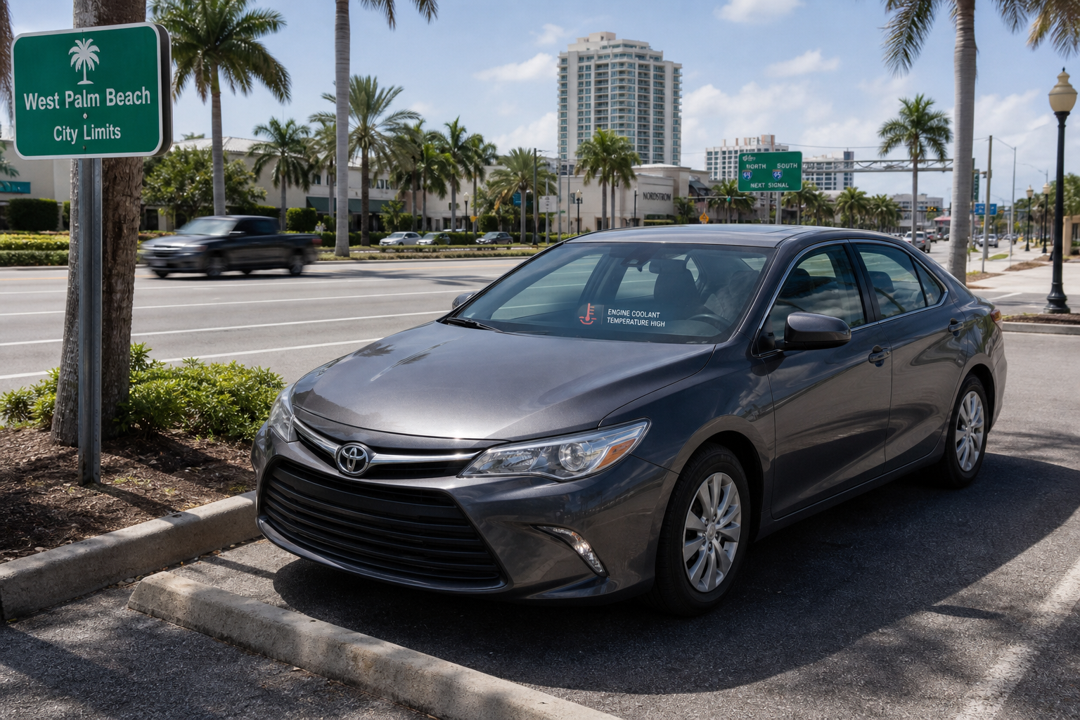 Driver safely pulled off the road with an overheating car in West Palm Beach traffic
