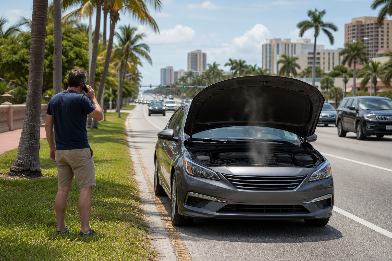 Driver safely pulled over with an overheating car on a West Palm Beach roadway