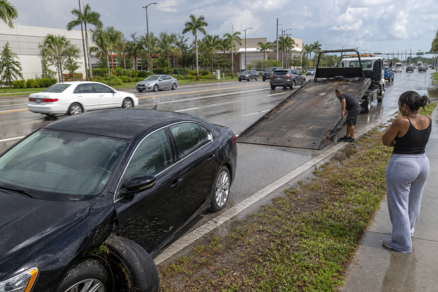 Flatbed tow operator preparing to load a damaged sedan beside a wet roadway in West Palm Beach